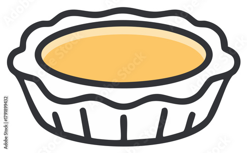 A simple cartoon illustration of a golden custard tart in a white fluted pastry shell.