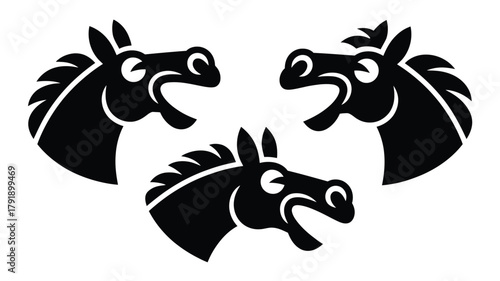 Three black horse heads are depicted in a stylized graphic against a white background.