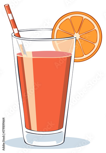 Refreshing orange juice in a tall glass with a striped straw and orange slice garnish