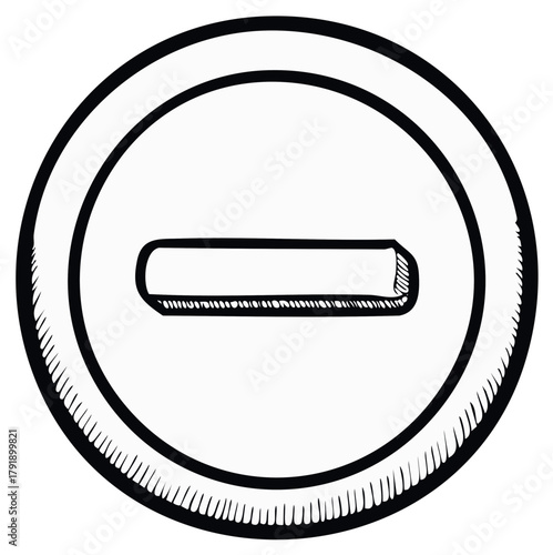 Hand-drawn minus symbol inside a circle, black and white illustration.