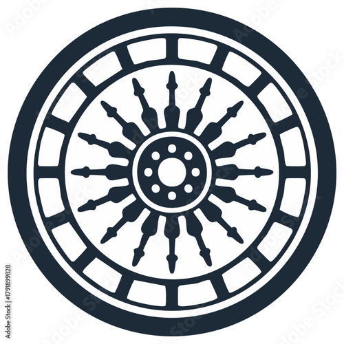 Decorative wheel design featuring radial spokes and circular motif evoking vintage or tribal aesthetics