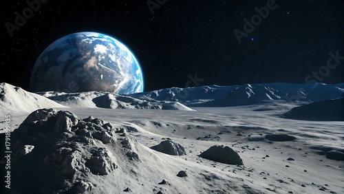 A stunning view from the moons surface, showcasing the earth rising above the lunar horizon, with craters and mountains illuminated by distant stars in the dark sky