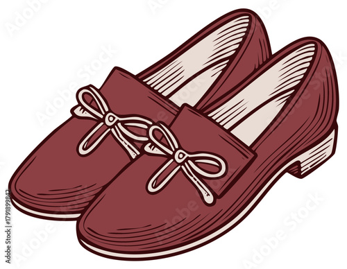 A classic pair of maroon loafers with bows in a vintage illustrated style