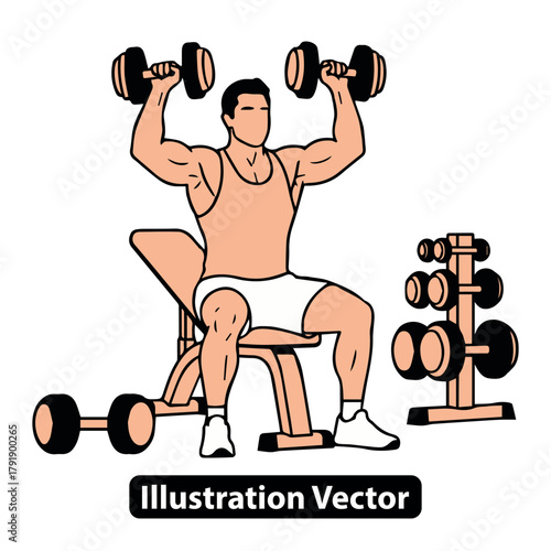 Man doing overhead dumbbell press while sitting on weight bench in gym with equipment