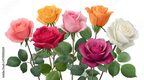 Colorful rose flowers blooming on white background