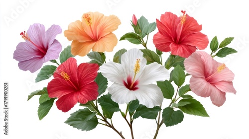 Colorful hibiscus flowers blooming on white background