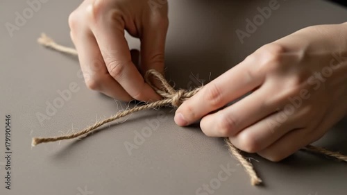 Hands tying natural fiber twine knot close up