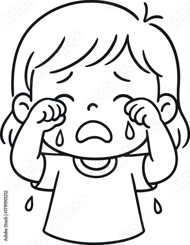 Sad child crying tears of distress in black and white drawing