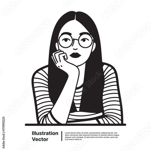 Graphic illustration of a young woman with glasses, resting her chin on her hand