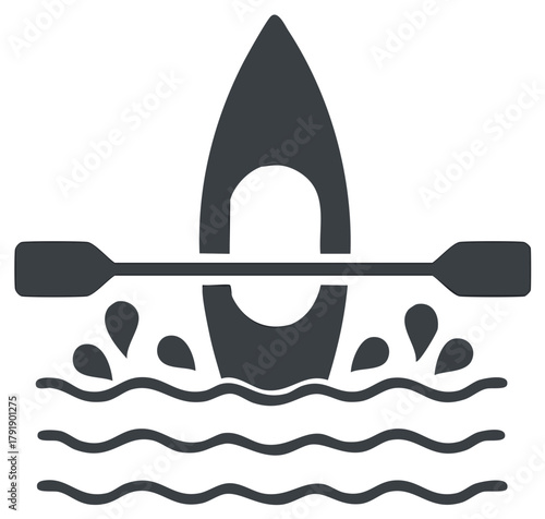 Dark Silhouette of a Kayak on Water with Paddle Icon Symbol, Paddling Sport Activity