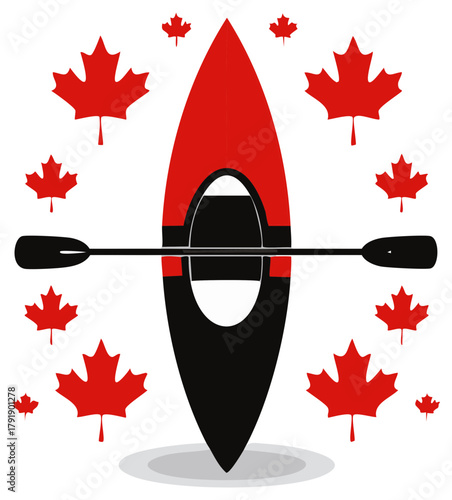 Red and black kayak with paddle and Canadian maple leaves surrounding
