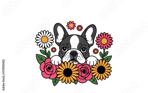 A French bulldog peeks out from behind a vibrant floral arrangement.
