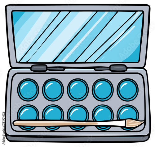 Open Watercolor Paint Set with Brush and Blue Pan Colors