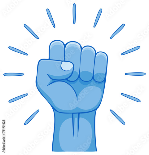 Strong blue cartoon fist raised high with radiating lines symbolizing power and achievement