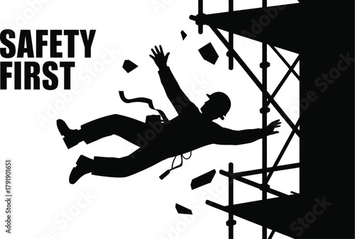 A construction worker falls from scaffolding, emphasizing safety first.