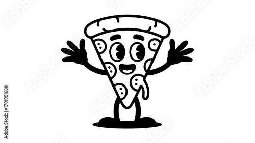 A cheerful cartoon slice of pizza with a smiling face and outstretched arms is standing.