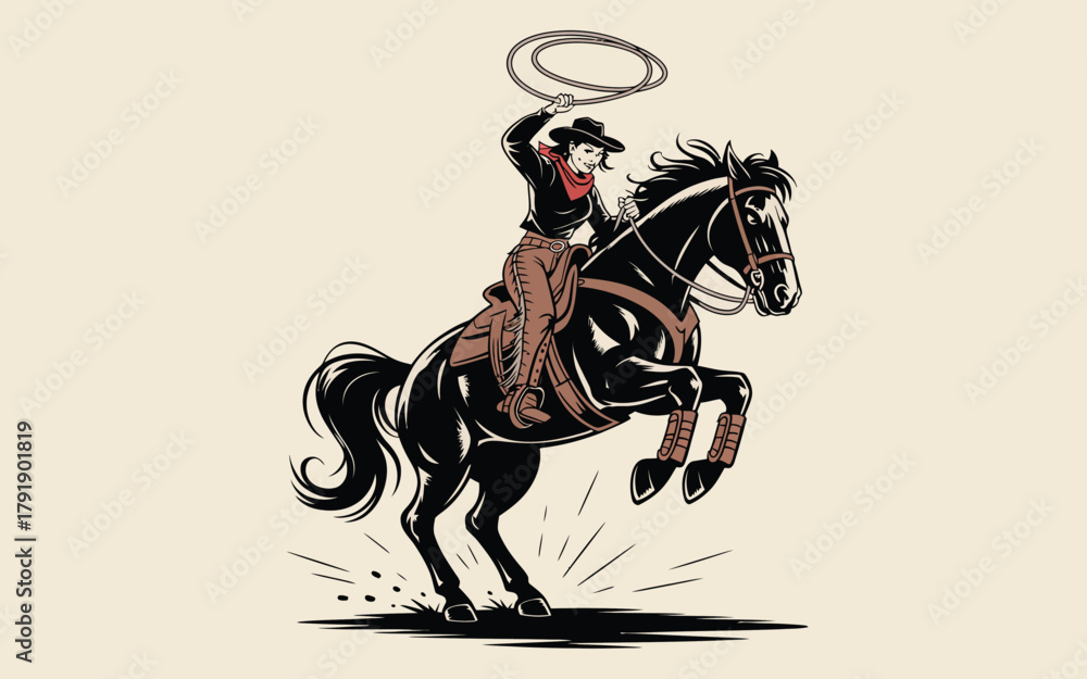 Fototapeta premium A cowboy on a rearing horse swings a lasso in a stylized illustration.