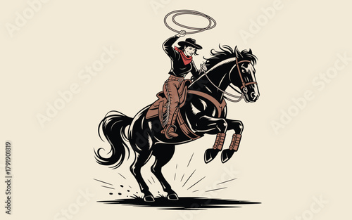 A cowboy on a rearing horse swings a lasso in a stylized illustration.