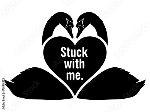Stylized graphic illustration featuring two black swans forming a heart, symbolizing lasting love and devotion