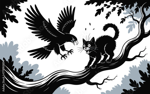 A black cat and a crow confront each other on a tree branch.