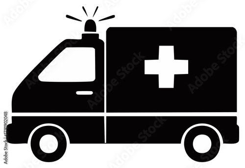 Black silhouette of an ambulance with a cross emblem and flashing light.