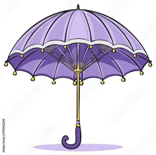 Vintage style purple open umbrella with ornate handle and gold accents