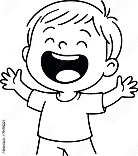 Joyful cartoon boy with wide open mouth and arms outstretched