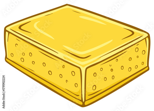 Cartoon illustration of a rectangular block of Swiss cheese with holes