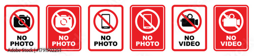 Collection of six red and white prohibition signs for no photo and no video