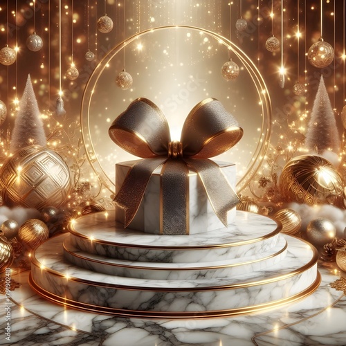 Exquisite Christmas Present Box with Golden Ribbon on Marble Pedestal