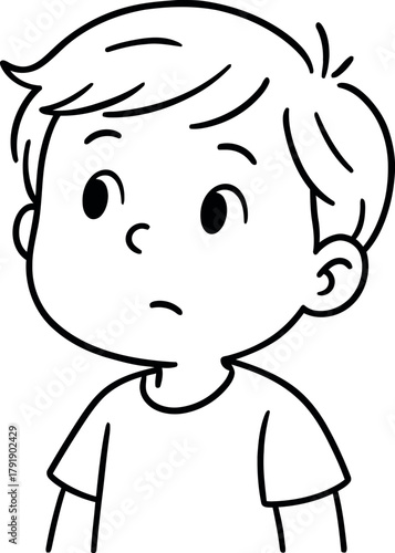 Simple line drawing of a young boy looking upwards with curiosity