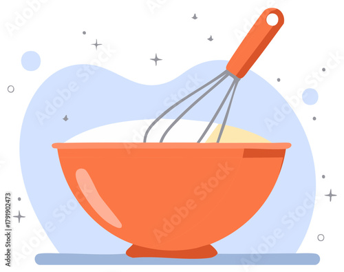 Kitchen whisk mixes batter in a vibrant orange mixing bowl with abstract background