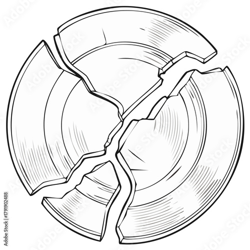 Broken Ceramic Plate Pieces Outline, Crack Texture, Dishware Damage, Destruction, Porcelain Shards, Circular Form