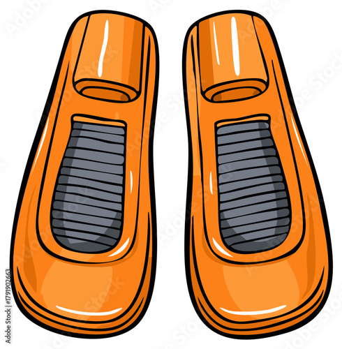 A pair of orange swimming flippers for water sports in a cartoon illustration style