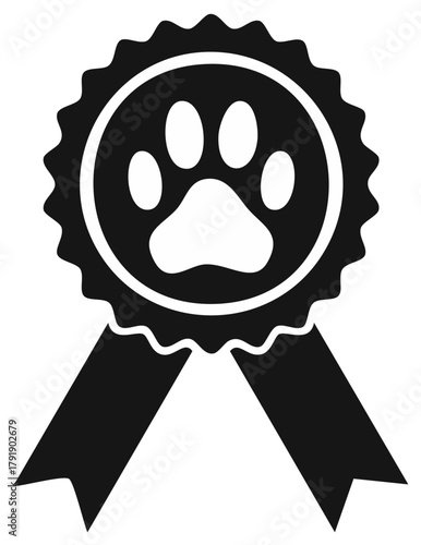 Black and White Pet Paw Print Ribbon Rosette Award Icon Graphic