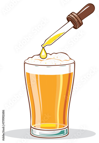 Dropper adding a golden drop of tincture or oil into a foamy pint glass of beer illustration