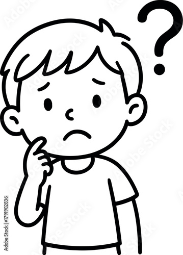 Confused cartoon boy pondering with a question mark
