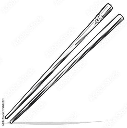 Vector illustration of wooden chopsticks. A pair of kitchen utensils used for eating Asian food. Hand drawn object in black and white minimal style