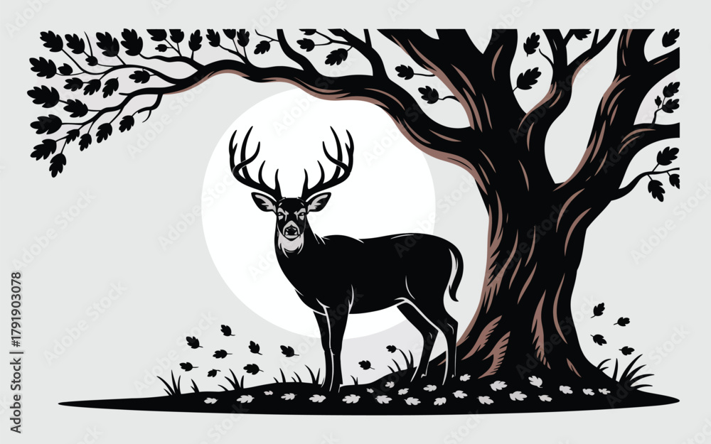 Obraz premium A majestic stag stands beneath a large oak tree with a full moon in the background.