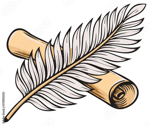 Vintage feather quill pen and rolled parchment scroll cartoon illustration.