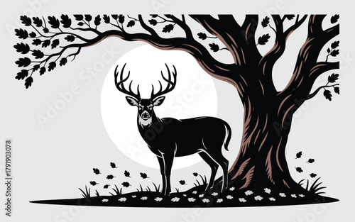 A majestic stag stands beneath a large oak tree with a full moon in the background.