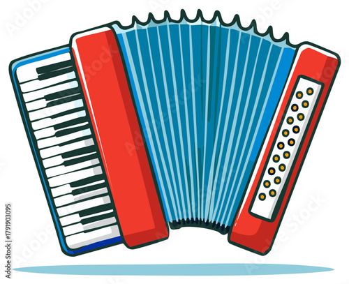 Vibrant red and blue piano accordion musical instrument cartoon illustration