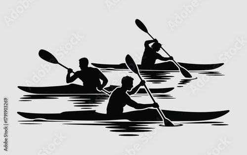 Three kayakers race across the water, silhouetted against a light background.