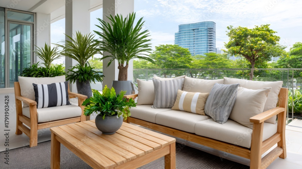 Obraz premium Modern patio furniture on urban balcony with city view