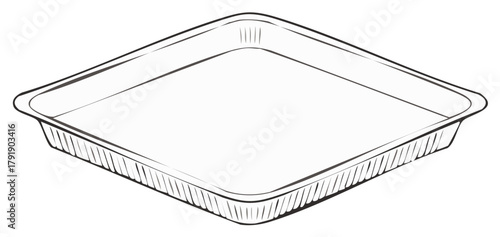 Isometric view of an empty disposable aluminum baking pan outline