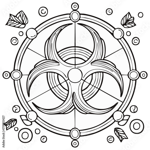Biohazard symbol mandala art in black and white outline, stylized with decorative elements