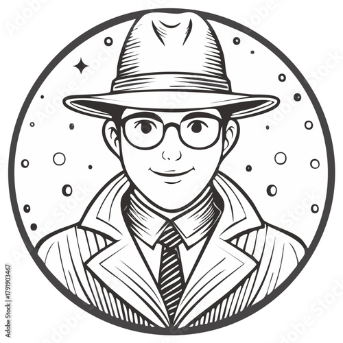 Retro line art portrait of a smiling detective in a fedora hat and trench coat emblem.