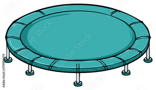 Cartoon Teal Trampoline with Black Outline and Silver Legs for Recreation