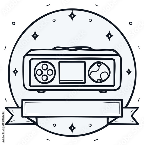Retro Style Portable Radio Cassette Player Icon with Banner Circle and Star Accents