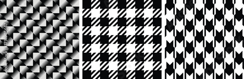 Black and White Pattern Texture Set Gradient, Squares and hexagon